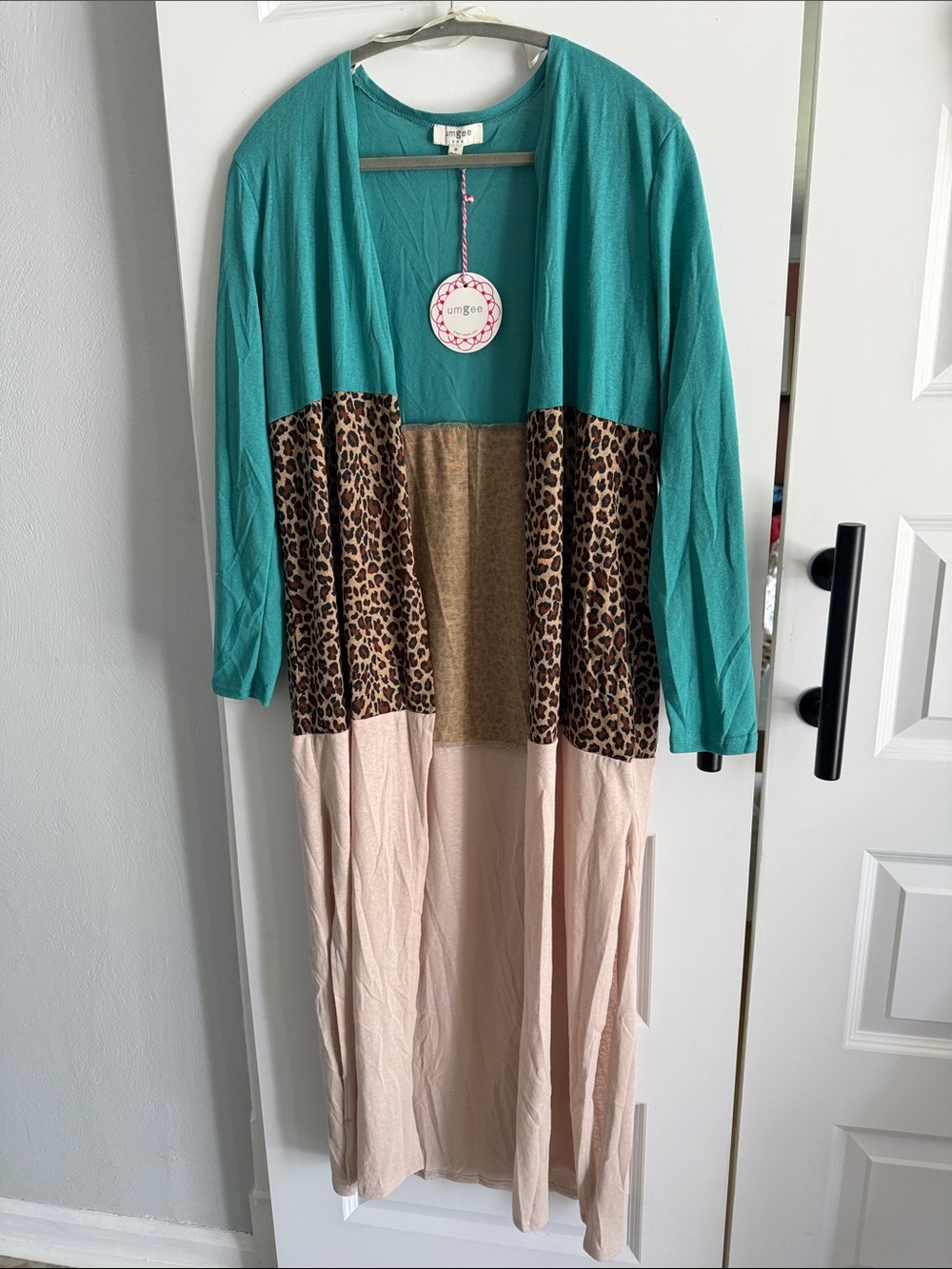 Umgee linen blend Teal Leopard Colorblock Open Duster with Blush Panels medium